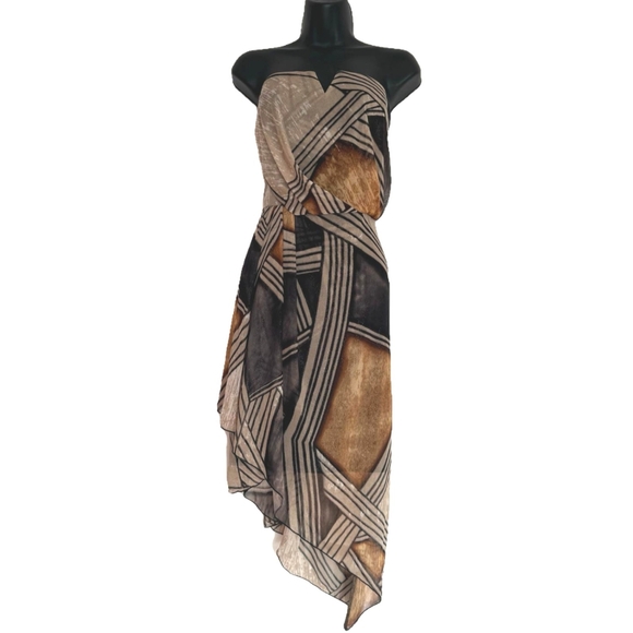 ✨*Brand New* Le Chateau Brown Stripe High-Low Ruffle Midi Dress - Size XL - Picture 3 of 13